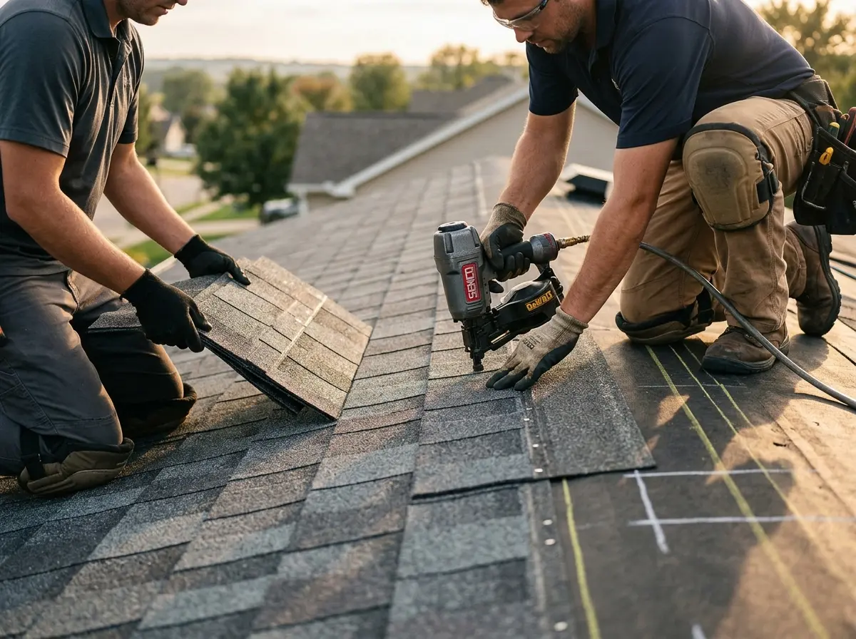 Professional roofer working on a residential roof in Weirton